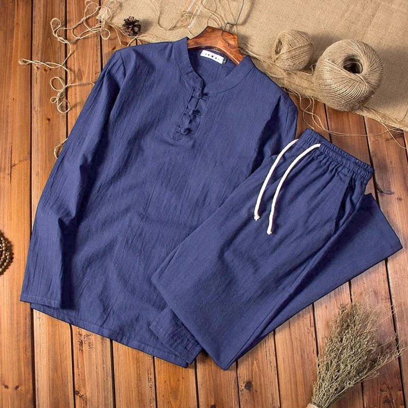 Men's midnight blue linen meditation clothing set - full product display with long sleeves and drawstring pants