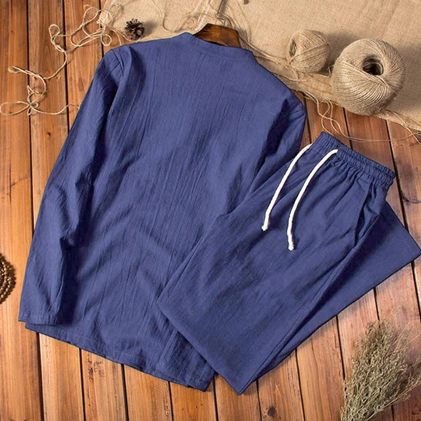 Detailed side view of midnight blue men's linen meditation set showing fabric quality and traditional construction