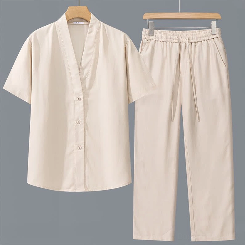 Cream off-white men's mindfulness meditation set with V-neck short-sleeve button shirt and drawstring pants