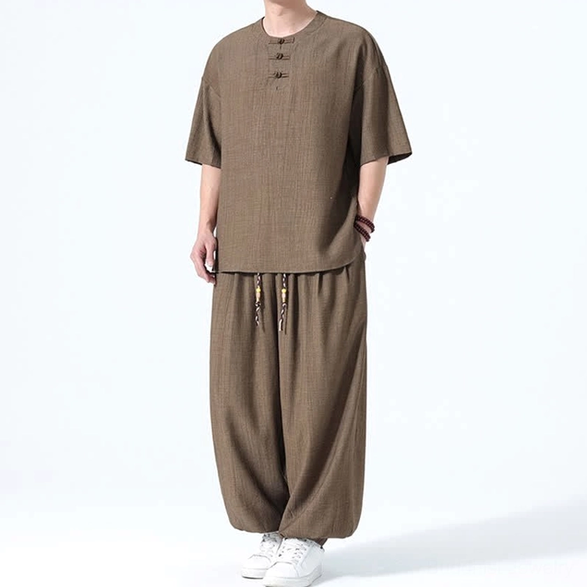 Men's meditation clothing right three-quarter view brown Tang dynasty inspired shirt and loose harem pants