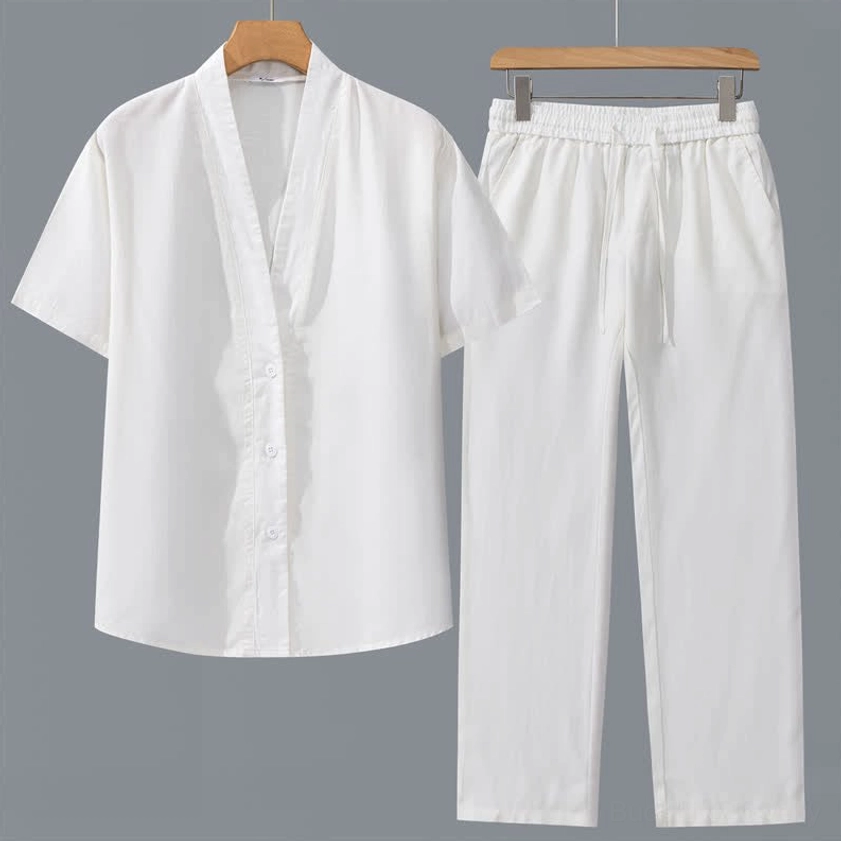 White men's mindfulness meditation set with matching white shirt and white pants V-neck short sleeves drawstring