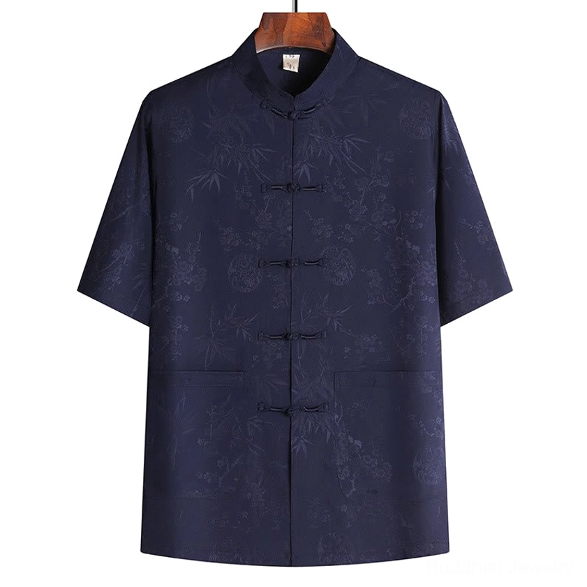 Navy blue bamboo jacquard men's tang suit short sleeve jacket with frog buttons detail