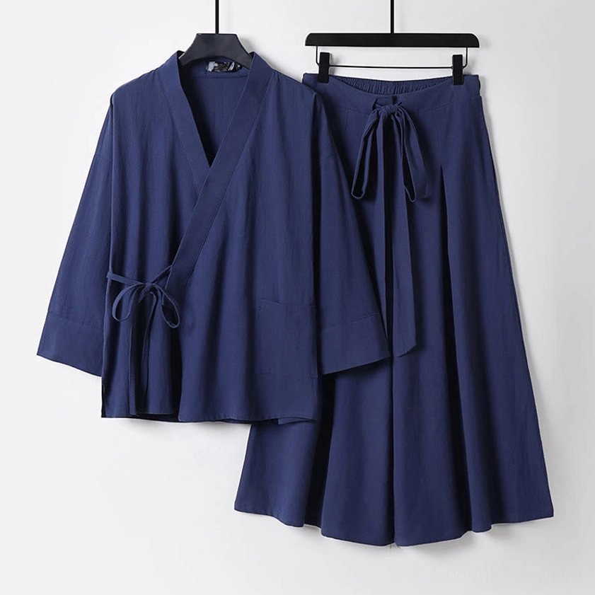 Men's navy blue Buddhist meditation kimono set with wrap top and wide-leg pants