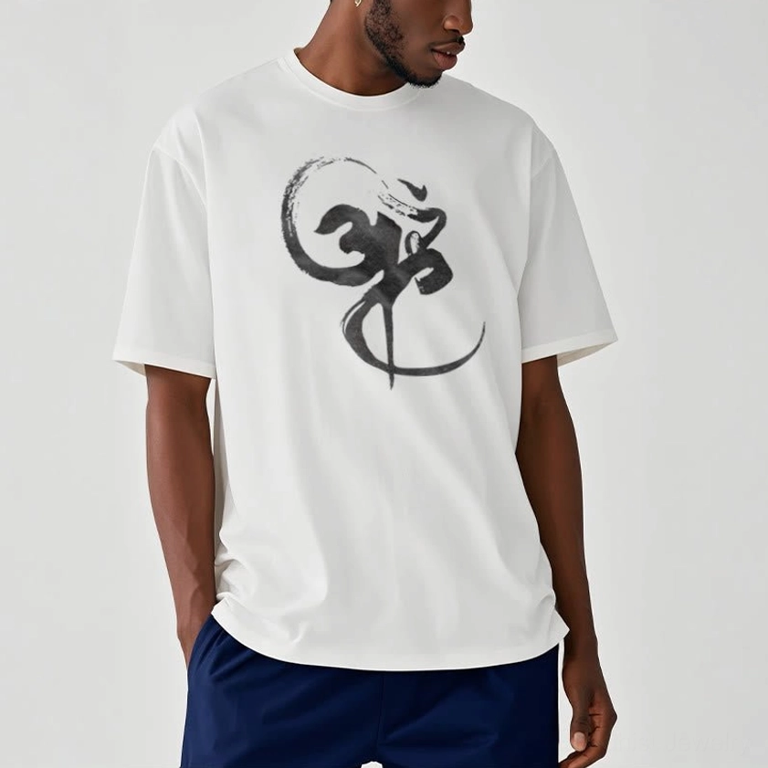 Male model wearing white Om crewneck t-shirt with black mantra print casual indoor setting