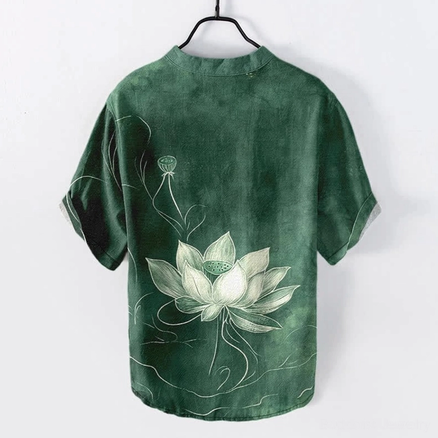 Men's dark green lotus Henley shirt back display - full back lotus and seedpod print on eco-friendly cotton fabric