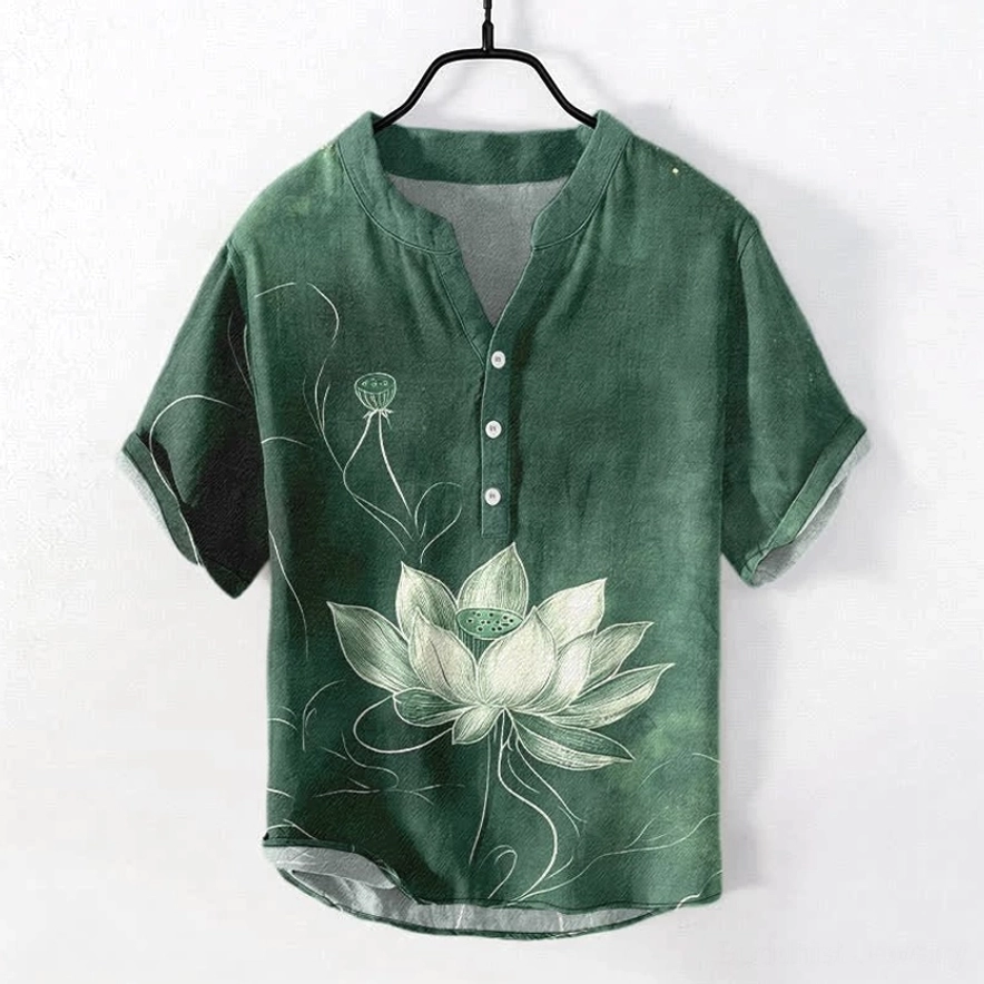 Men's dark green lotus Henley shirt front display - organic cotton with hand-drawn lotus print, stand collar, and half-button placket