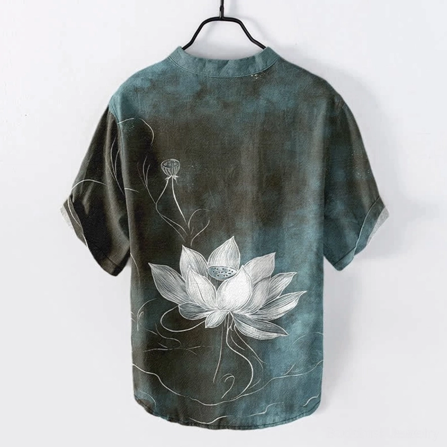 Men's light sea green lotus Henley shirt back display - full back lotus motif on eco-conscious organic cotton