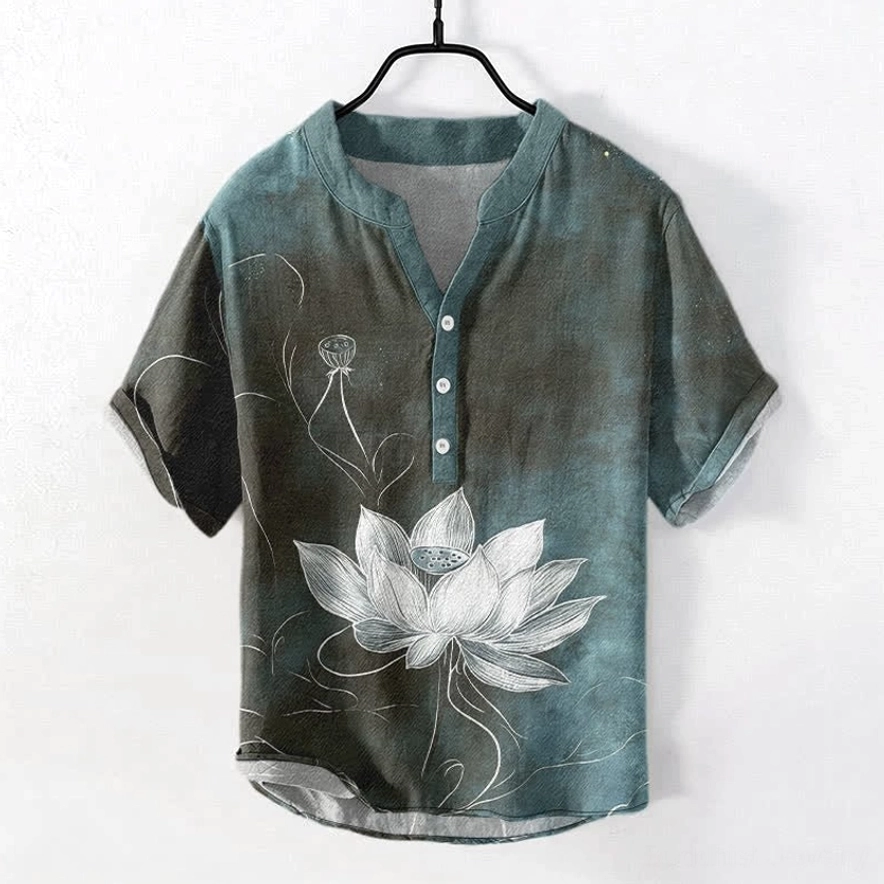 Men's light sea green lotus Henley shirt front display - gradient teal cotton with sustainable water-based ink lotus design