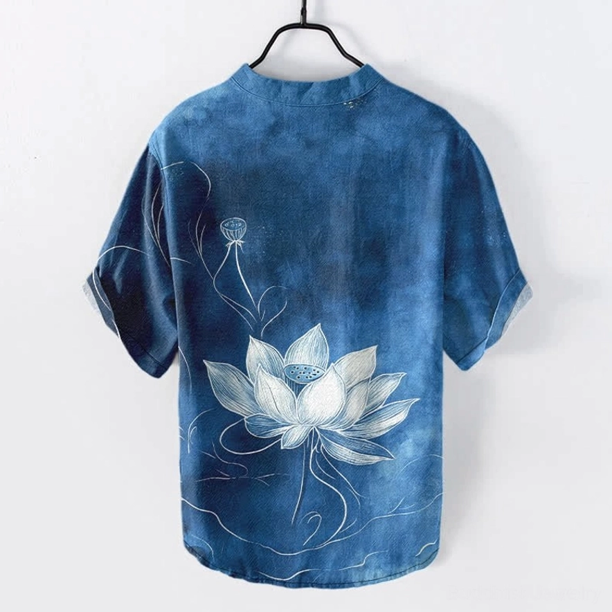 Men's steel blue lotus Henley shirt back display - full back lotus print design on pure organic cotton fabric