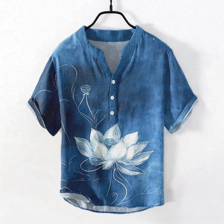 Men's steel blue lotus Henley short-sleeve shirt front display - Buddhist lotus print with stand collar and half buttons