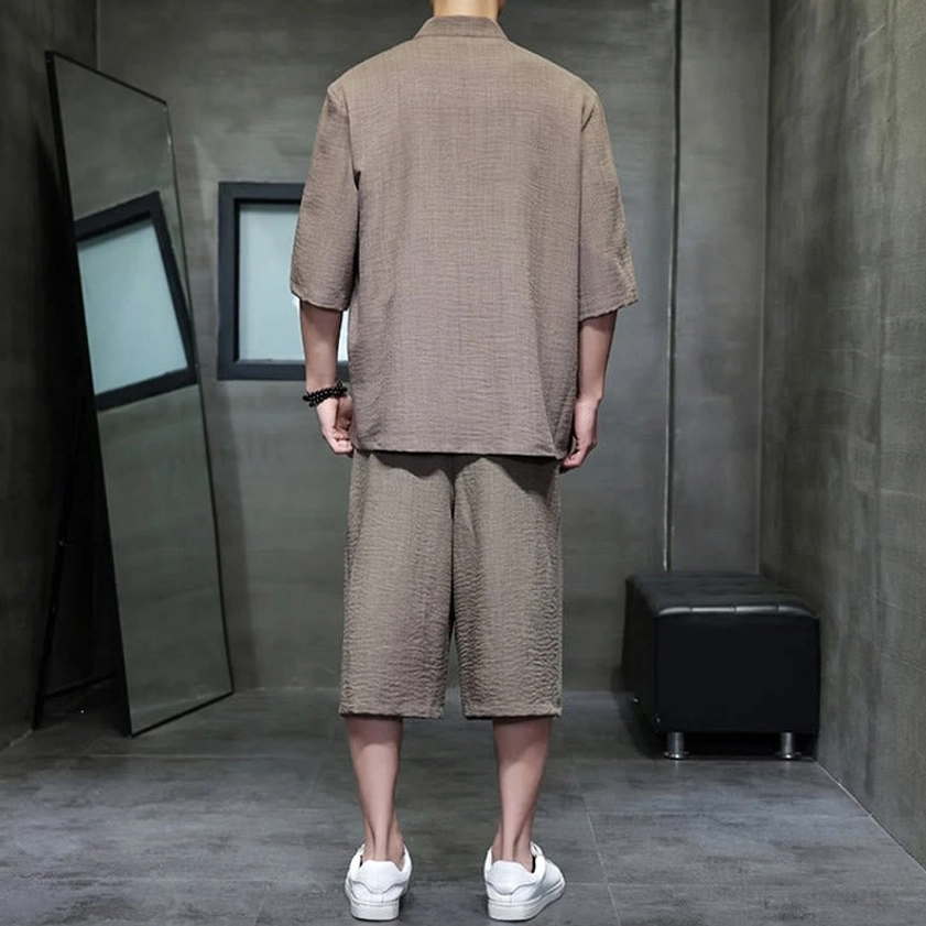 Men's Peru meditation suit back view with cropped pants and tassel drawstring detail