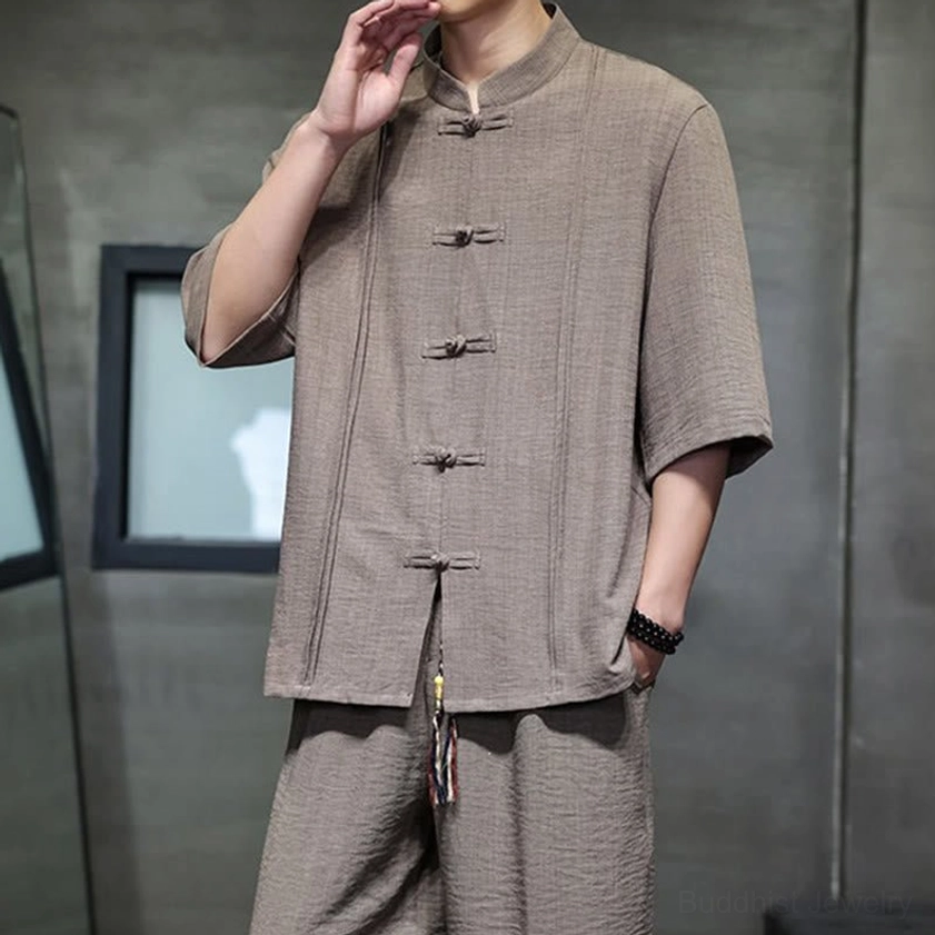Full-length standing pose of men's Peru meditation suit with all design features visible