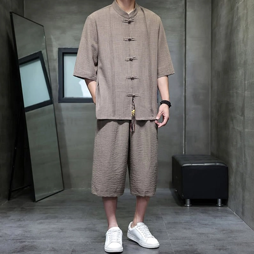 Men's Peru zen meditation clothing set featuring mandarin collar and elbow-length sleeves