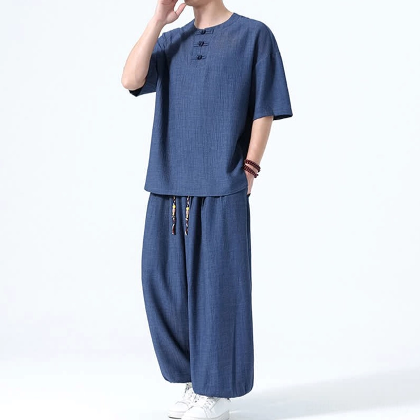 Men's Buddhist inspired wear navy right three-quarter short sleeve loose harem silhouette