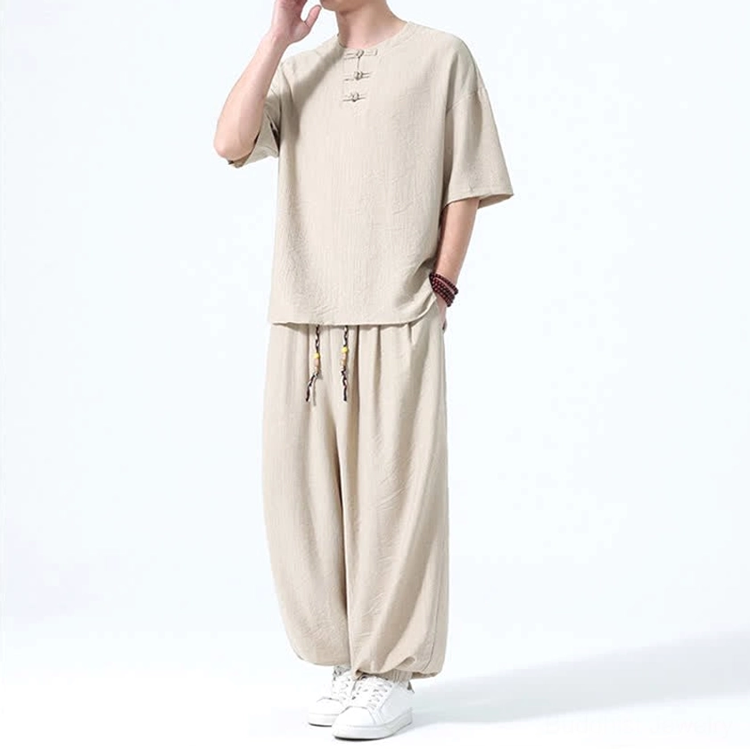 Men's mindfulness clothing wheat color right three-quarter relaxed harem pants fit