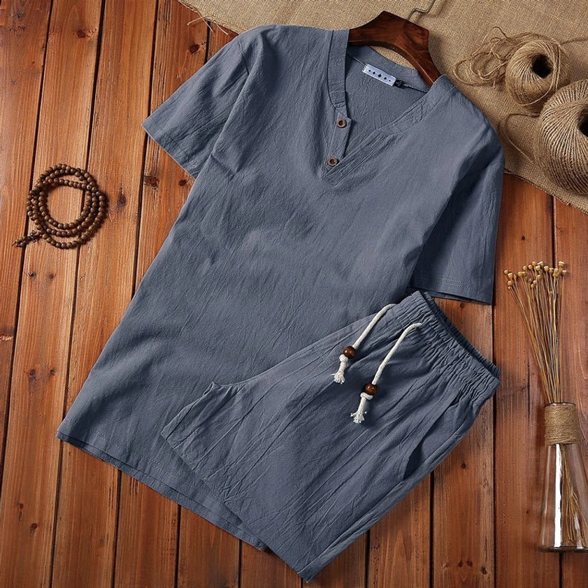 Slate gray men's cotton linen meditation set with henley collar top and drawstring shorts