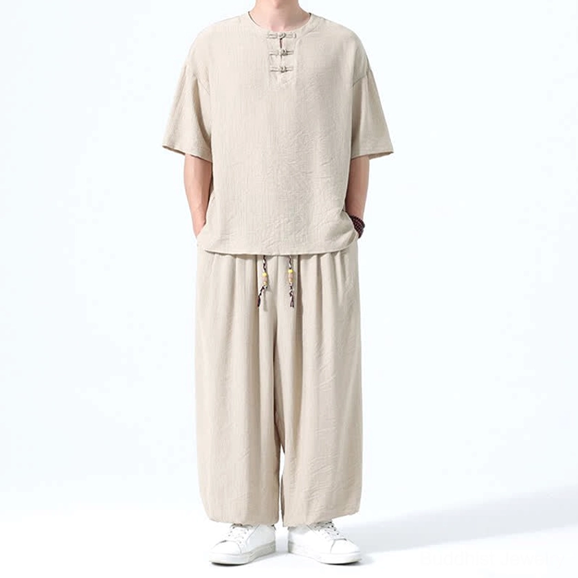 Men's Tang dynasty linen set wheat color side view pocket detail wide leg harem