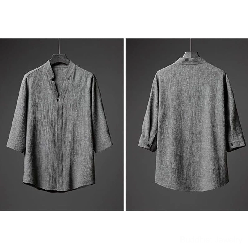 Men's textured stand collar half-sleeve shirt, front view showing single button placket and wrinkled polyester fabric detail