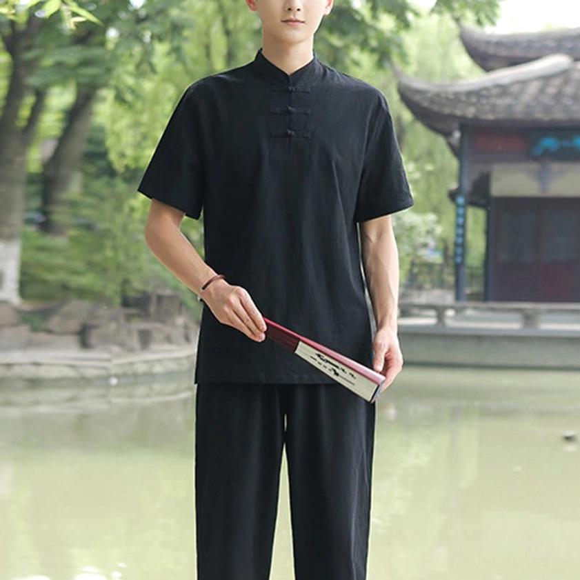 Men's black Tai Chi cotton linen meditation uniform 2-piece set all available sizes