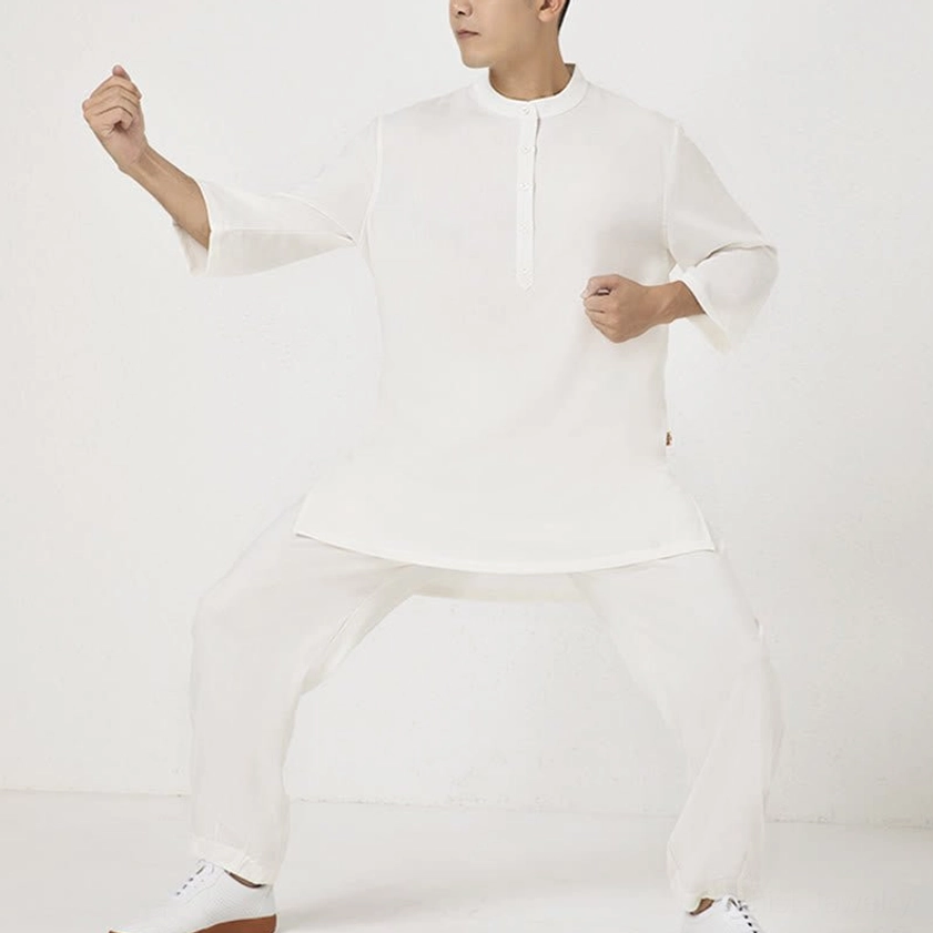 Men's tai chi practice clothing set dynamic movement view, loose fit design for martial arts and meditation, white cotton linen