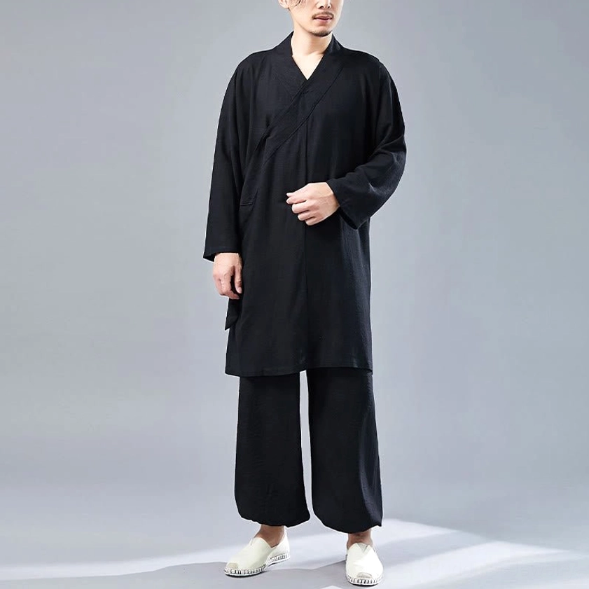 Walking view of black Buddhist meditation clothing set from the side