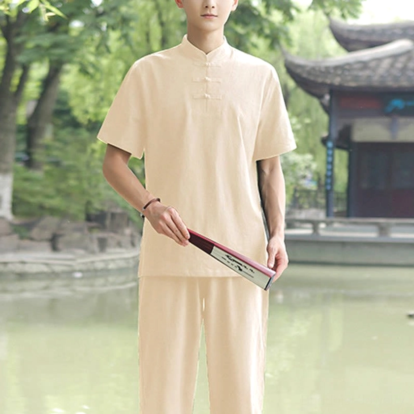 Men's Tai Chi meditation uniform close-up detail of stand collar and frog button craftsmanship