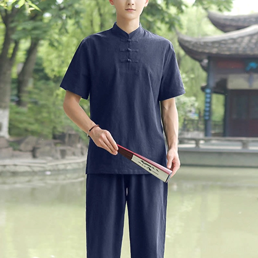 Men's cotton linen Tai Chi uniform fabric texture and breathable material close-up