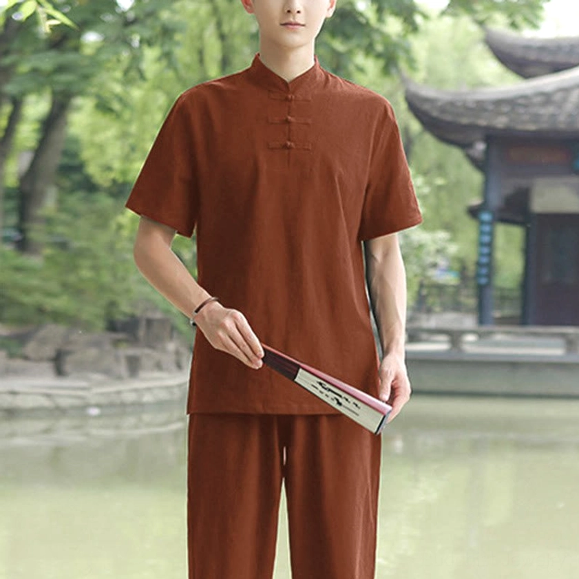 Men's deep brown Zen Tai Chi cotton linen suit with matching pants and traditional frog buttons