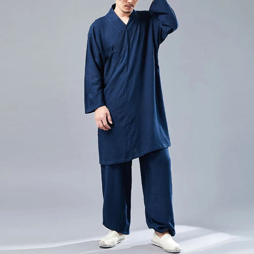 Full presentation of steel blue Buddhist meditation uniform set with pockets detail