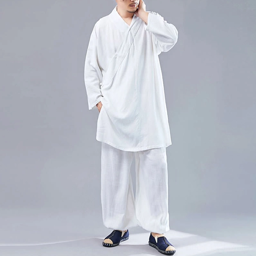 White Buddhist meditation clothing set three-quarter side view showing asymmetrical wrap collar design