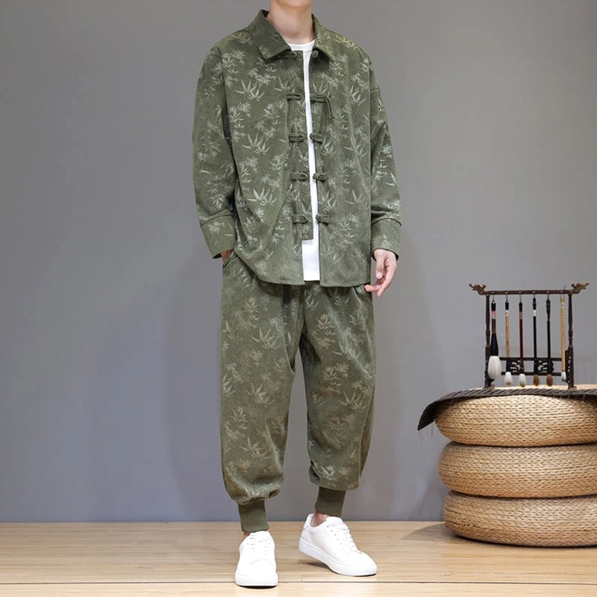 Handcrafted tang suit with bamboo corduroy fabric, three-quarter right front view with pocket detail