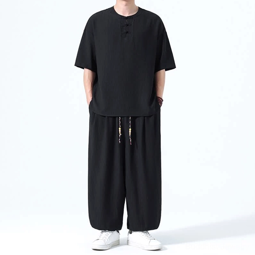 Men's Eastern philosophy inspired shirt navy black front view hands in pockets frog button details