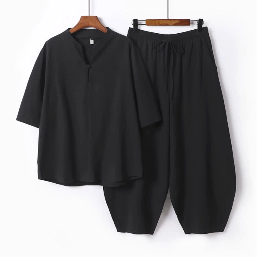 Men's black Tang style meditation two-piece set traditional frog button drawstring waist casual