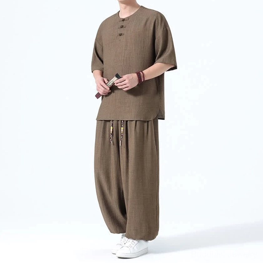 Men's Tang style meditation linen set brown color full body left three-quarter view with frog button shirt and harem pants