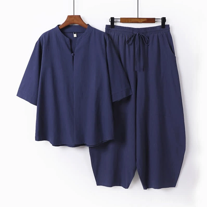 Men's navy blue Tang style meditation two-piece set with frog button stand collar