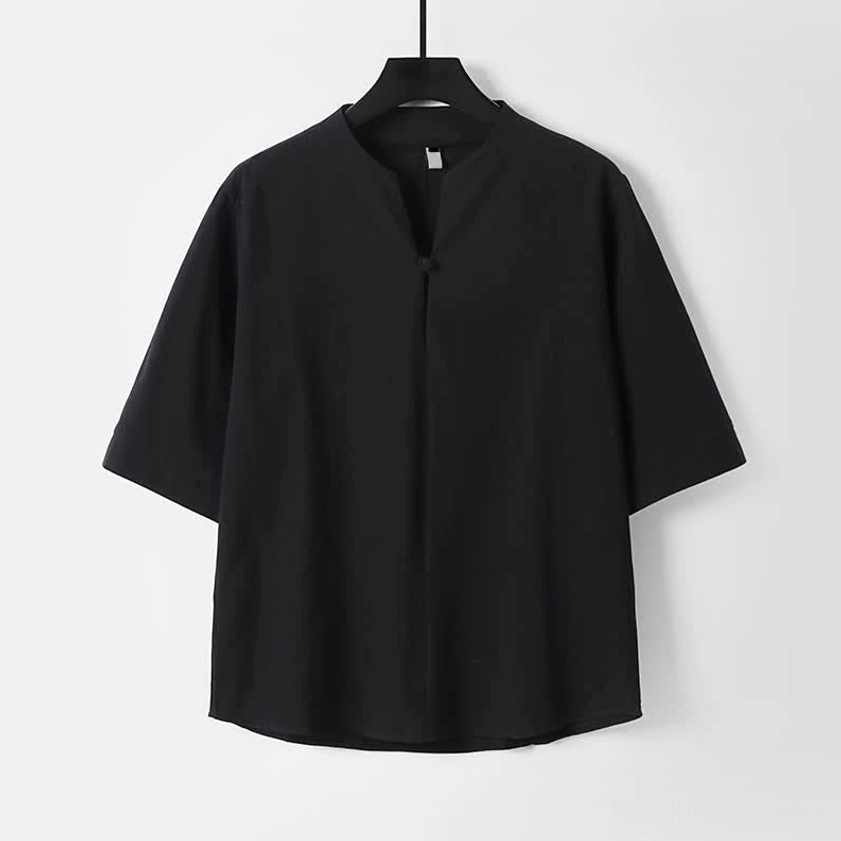Men's black Tang style stand collar meditation shirt short sleeves cotton blend fabric
