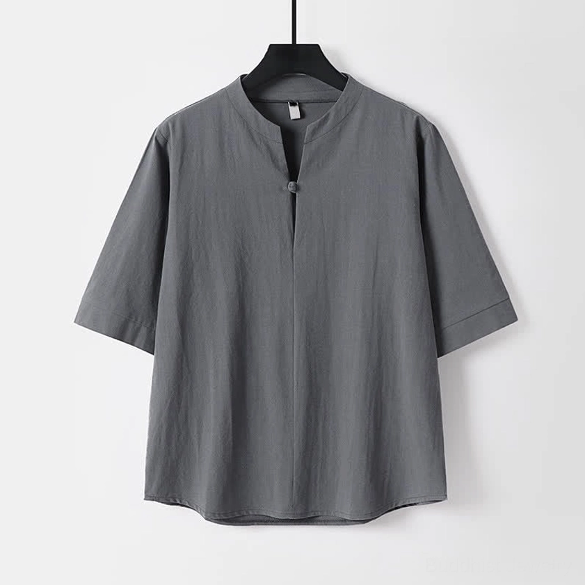 Men's dark gray Tang style stand collar meditation shirt with frog button closure elbow sleeve