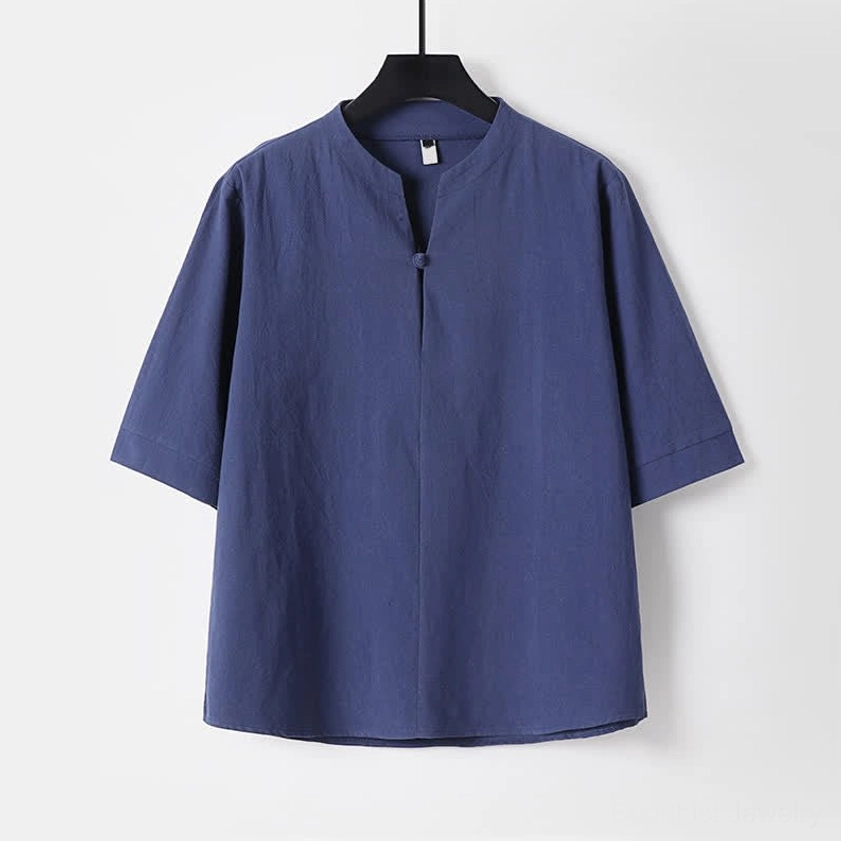 Men's navy blue Tang style stand collar meditation shirt with elbow sleeves solid color