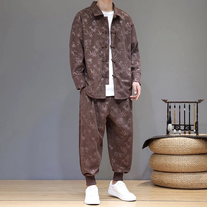 Tang suit in army green corduroy with bamboo print, frontal display