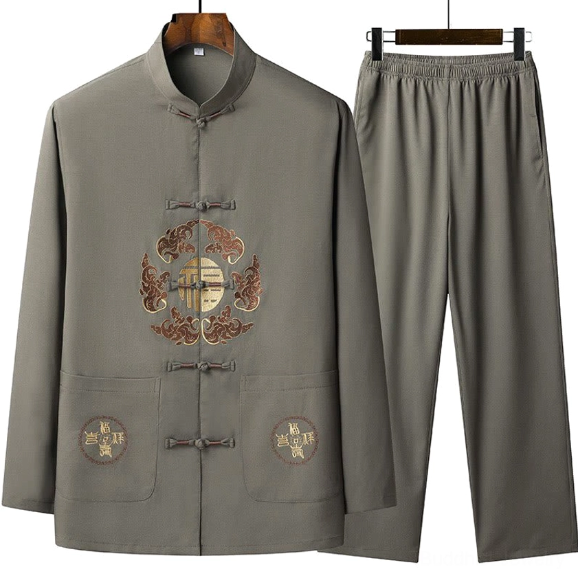 Army green men's casual Tang suit with traditional embroidery and frog buttons, studio display of coordinated jacket and pants