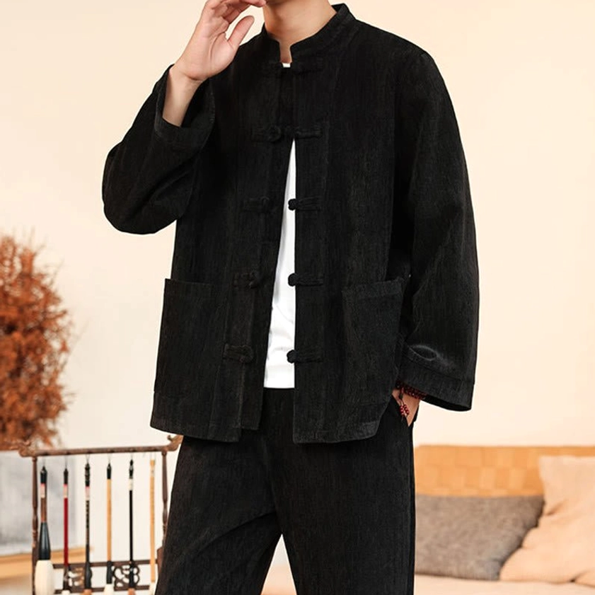 Men's Tang suit jacket and pant details showing authentic frog buttons and collar
