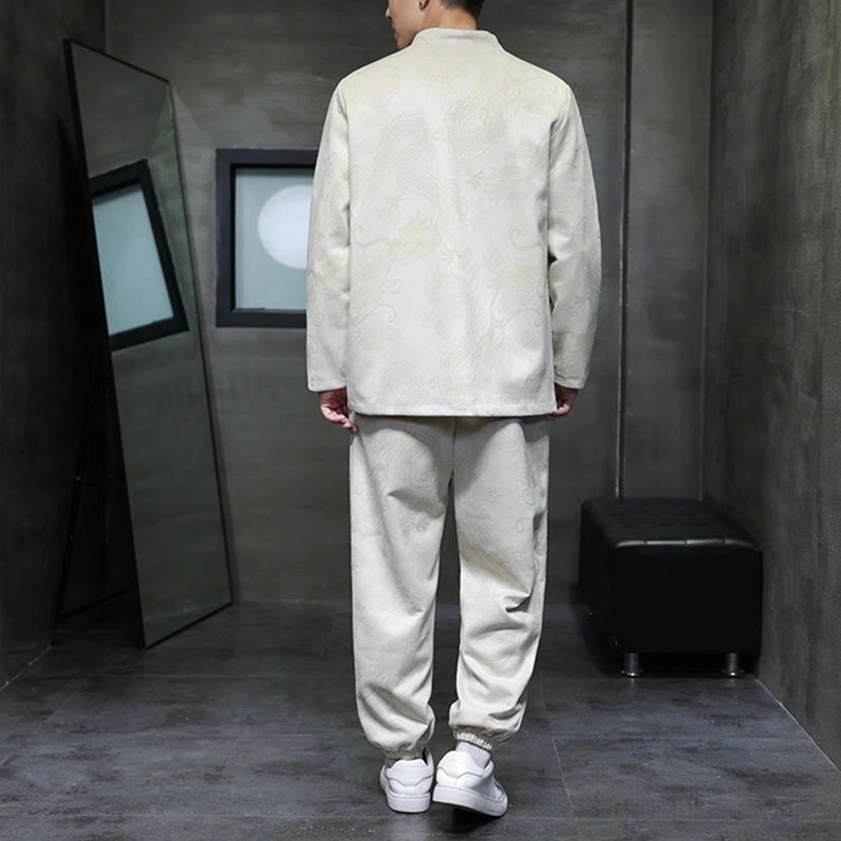 Back view of men's Tang suit two-piece set showing elastic cuffed pants and jacket rear detail