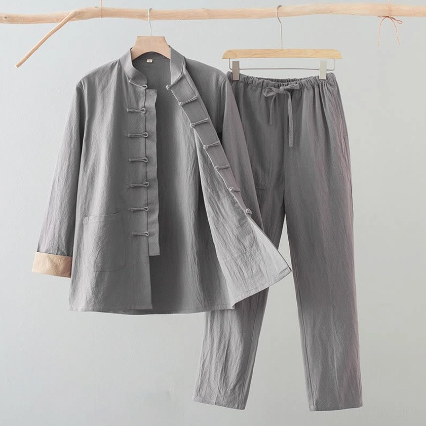 Back view of men's Tang suit two-piece set showing shirt back design and pants construction