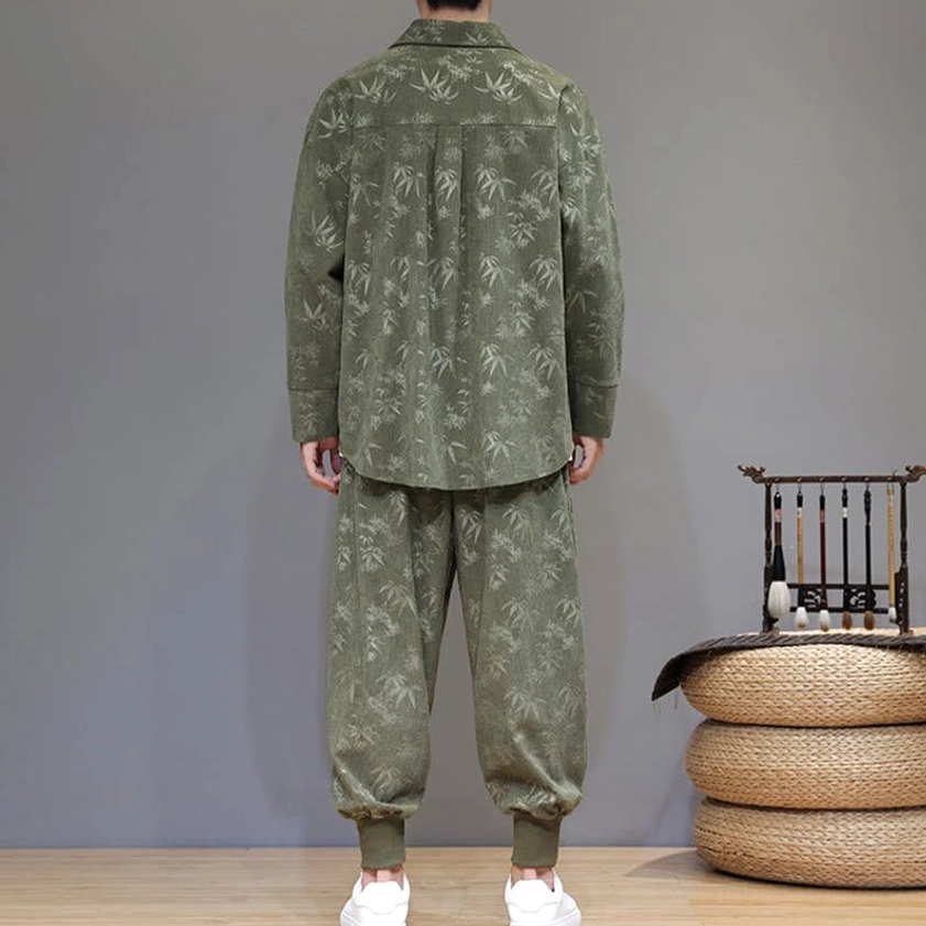 Chinese traditional tang suit back view showing yoke detail and elastic cuff pants