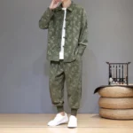 Men's bamboo corduroy tang suit jacket and pants set with frog buttons, three-quarter left front view