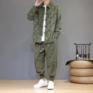 Men's bamboo corduroy tang suit jacket and pants set with frog buttons, three-quarter left front view