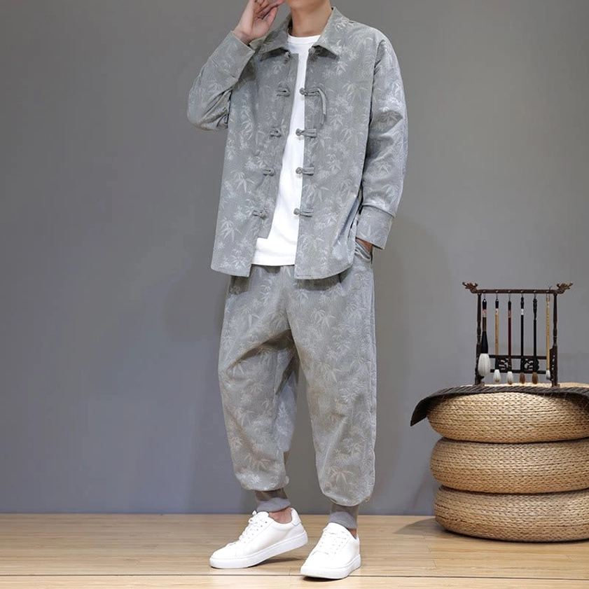 Men's tang suit with bamboo leaf print, three-quarter left front angle showing complete jacket and pants