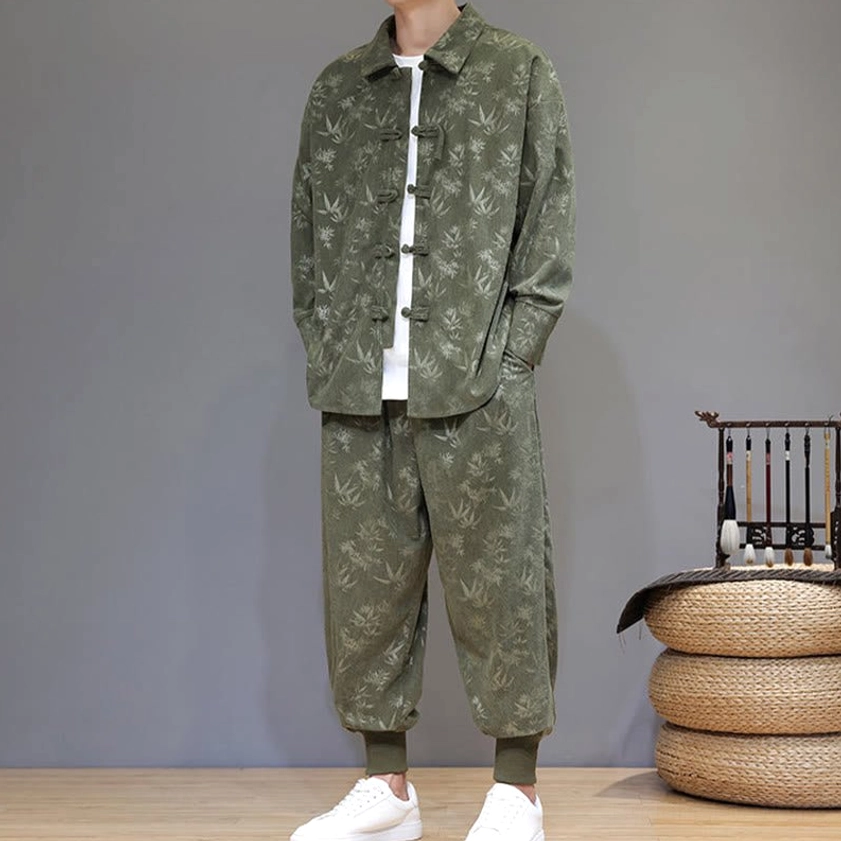 Handcrafted Chinese tang suit, three-quarter left view showing jacket pocket and frog button details