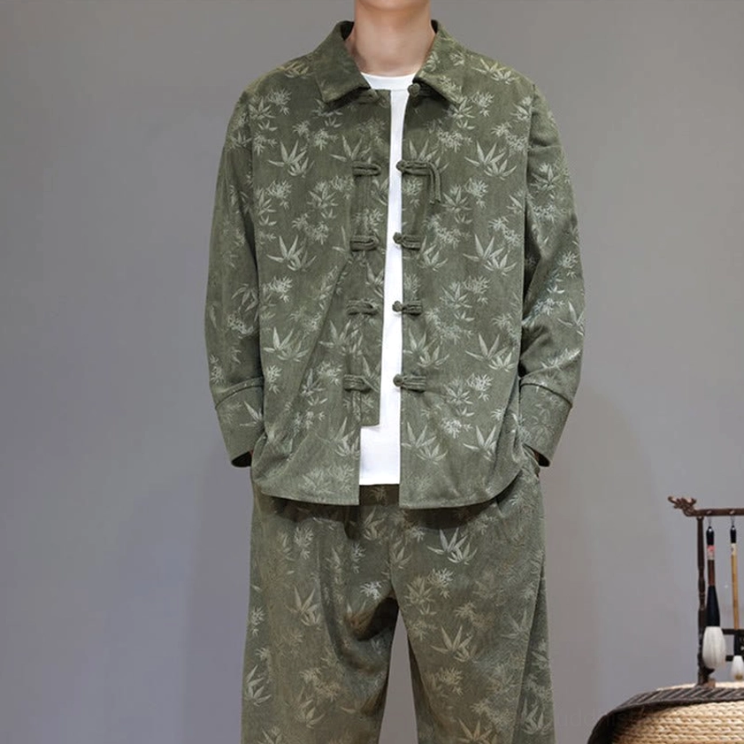 Traditional bamboo corduroy tang suit front view with both hands in pants pockets