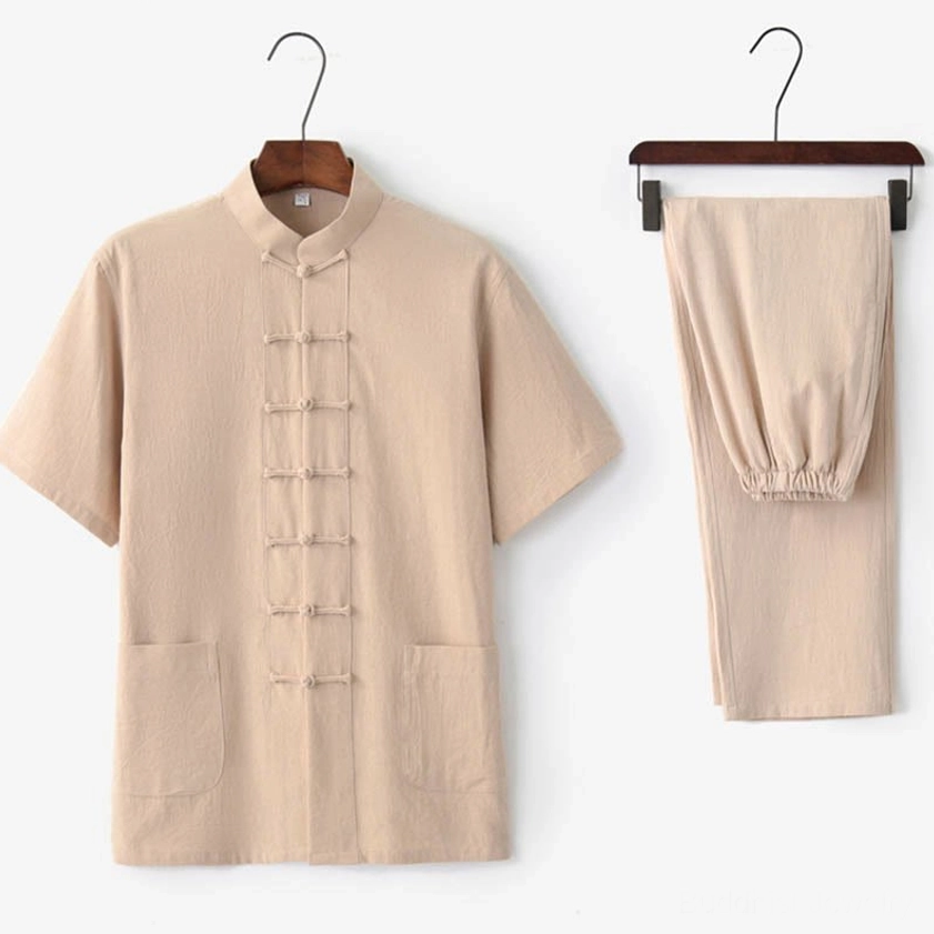 Men's beige khaki traditional Tang suit two-piece with frog button closure and mandarin collar, neutral elegant style